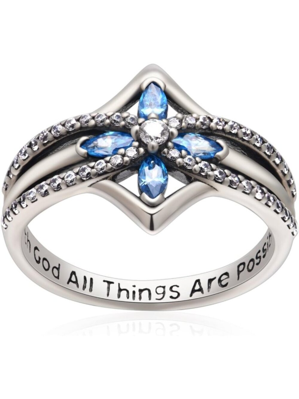 Vintage Sterling Silver Cross Ring with CZ Band - Size 6-10, Inspirational